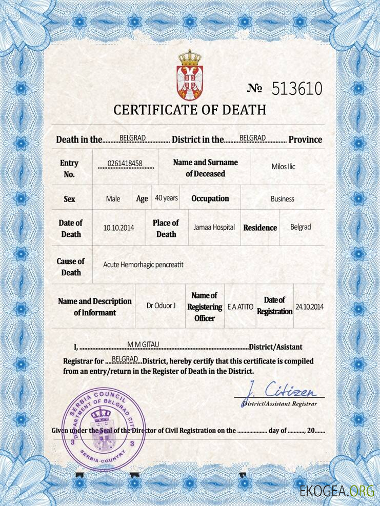 Modèle PSD de certificat de décès de Serbie